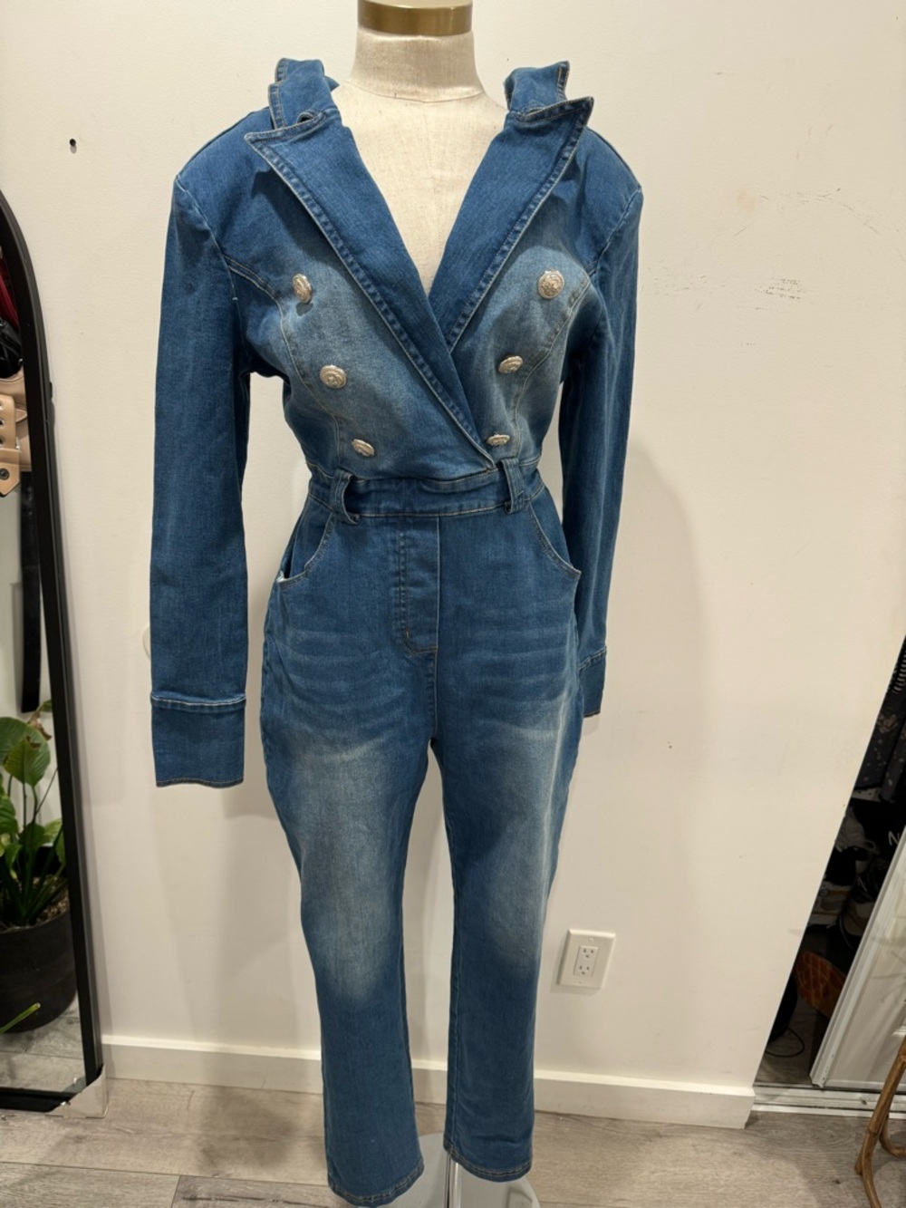 Denim Double-Breasted Hooded Jumpsuit - Blue